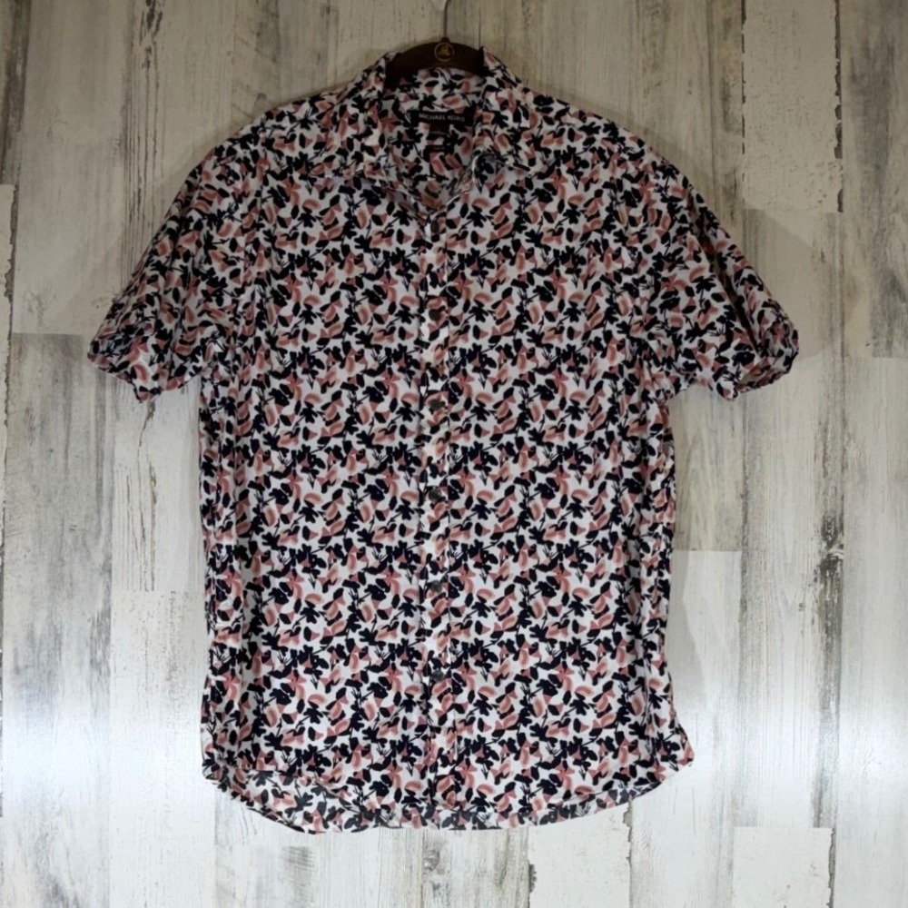 Michael Kors Button Down Shirt Large Pink Navy Floral Slim Fit Short Sleeve